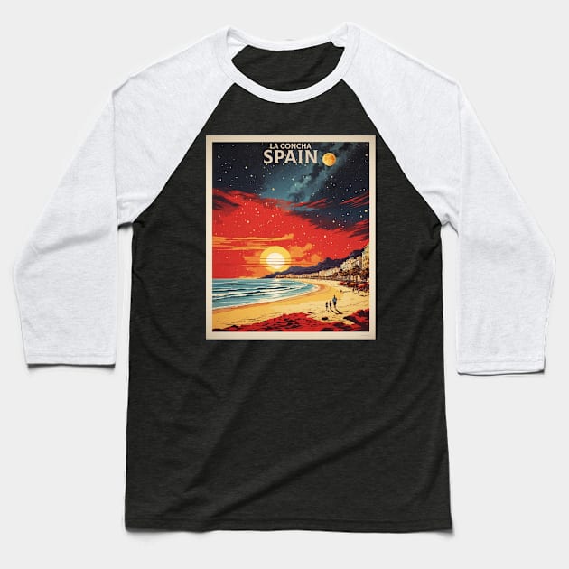 La Concha Beach Spain Starry Night Travel Tourism Retro Vintage Art Baseball T-Shirt by TravelersGems